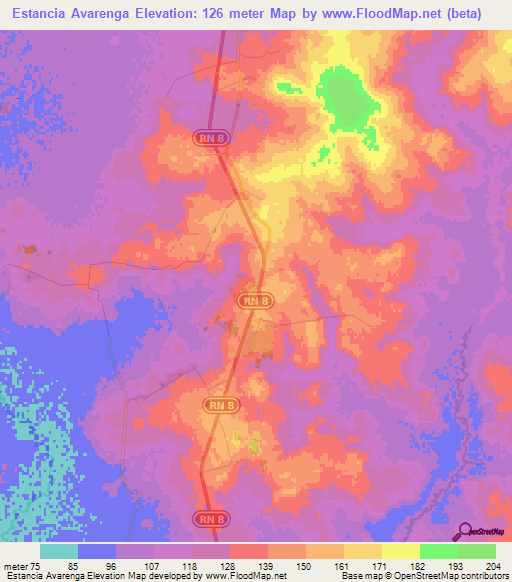 Estancia Avarenga,Paraguay Elevation Map