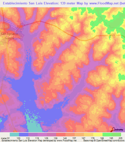 Establecimiento San Luis,Paraguay Elevation Map