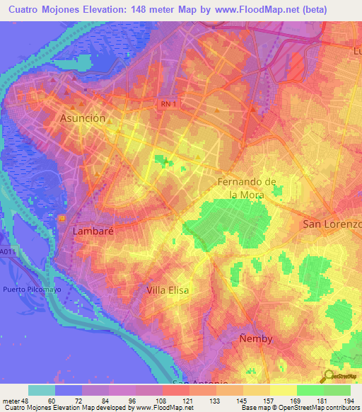 Cuatro Mojones,Paraguay Elevation Map