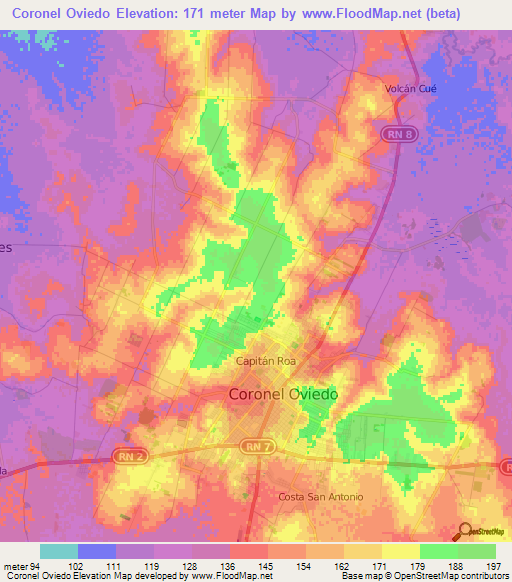 Coronel Oviedo,Paraguay Elevation Map