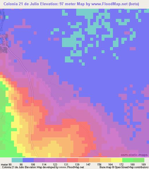 Colonia 21 de Julio,Paraguay Elevation Map