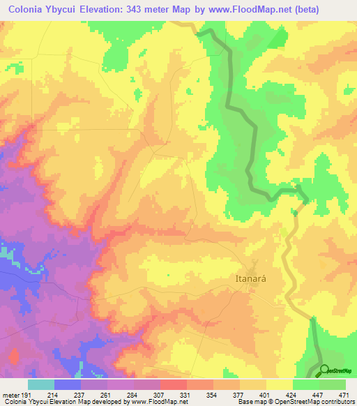 Colonia Ybycui,Paraguay Elevation Map