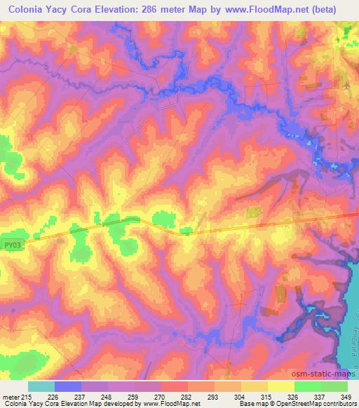 Colonia Yacy Cora,Paraguay Elevation Map