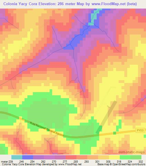 Colonia Yacy Cora,Paraguay Elevation Map
