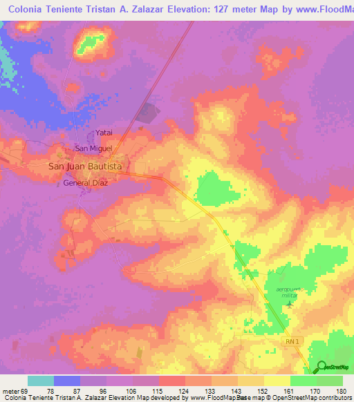 Colonia Teniente Tristan A. Zalazar,Paraguay Elevation Map