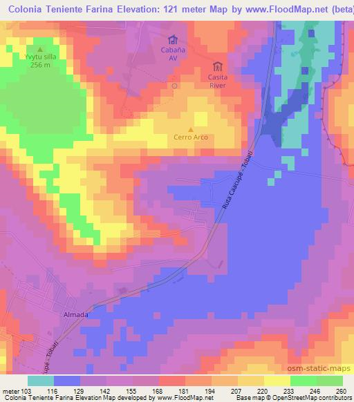 Colonia Teniente Farina,Paraguay Elevation Map
