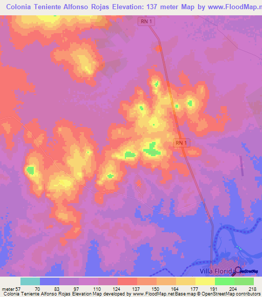 Colonia Teniente Alfonso Rojas,Paraguay Elevation Map