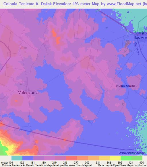 Colonia Teniente A. Dakak,Paraguay Elevation Map