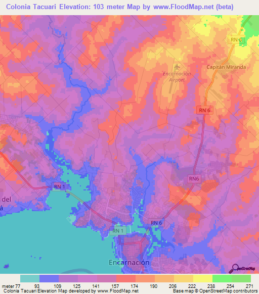 Colonia Tacuari,Paraguay Elevation Map