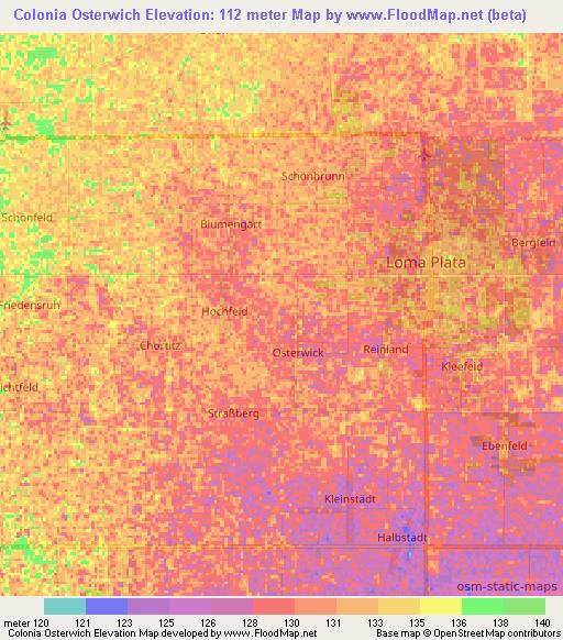 Colonia Osterwich,Paraguay Elevation Map