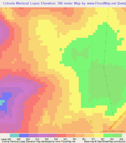 Colonia Mariscal Lopez,Paraguay Elevation Map