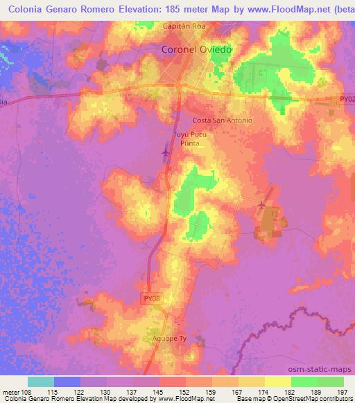 Colonia Genaro Romero,Paraguay Elevation Map