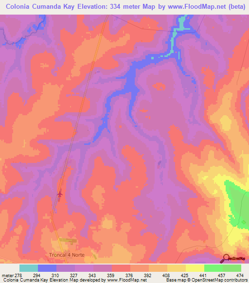 Colonia Cumanda Kay,Paraguay Elevation Map
