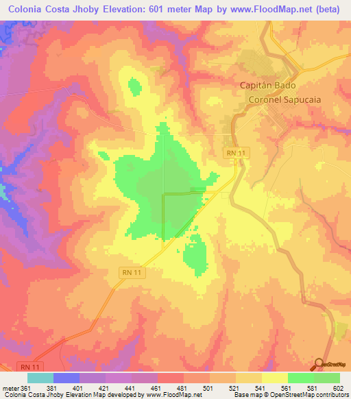 Colonia Costa Jhoby,Paraguay Elevation Map