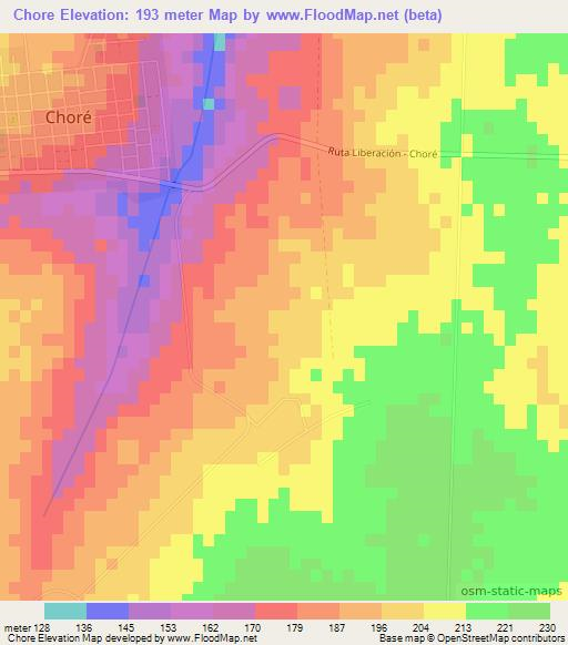 Chore,Paraguay Elevation Map