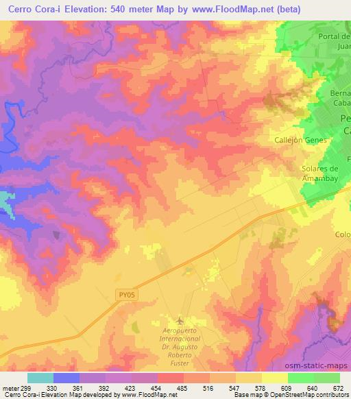 Cerro Cora-i,Paraguay Elevation Map