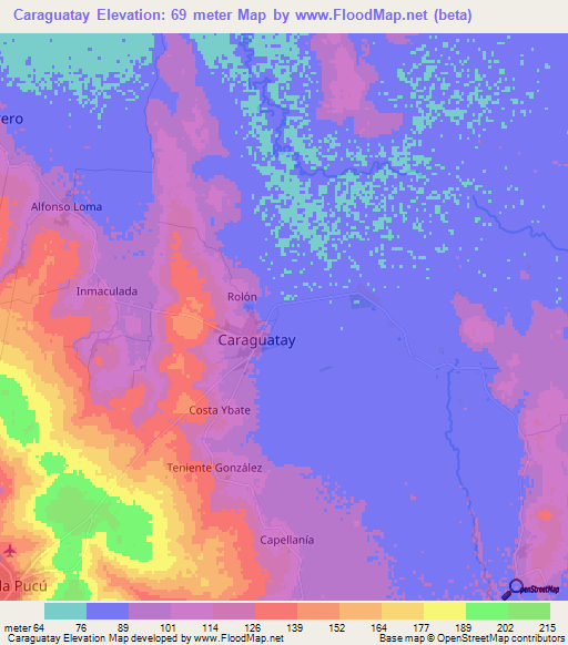 Caraguatay,Paraguay Elevation Map
