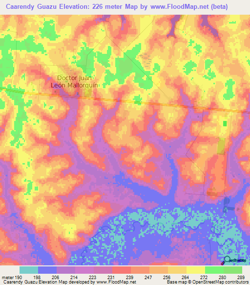 Caarendy Guazu,Paraguay Elevation Map