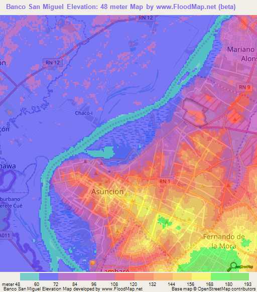 Banco San Miguel,Paraguay Elevation Map