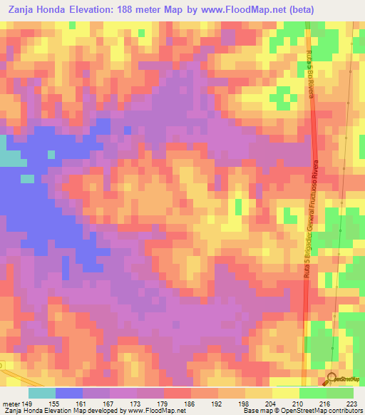 Zanja Honda,Uruguay Elevation Map