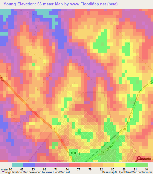 Young,Uruguay Elevation Map