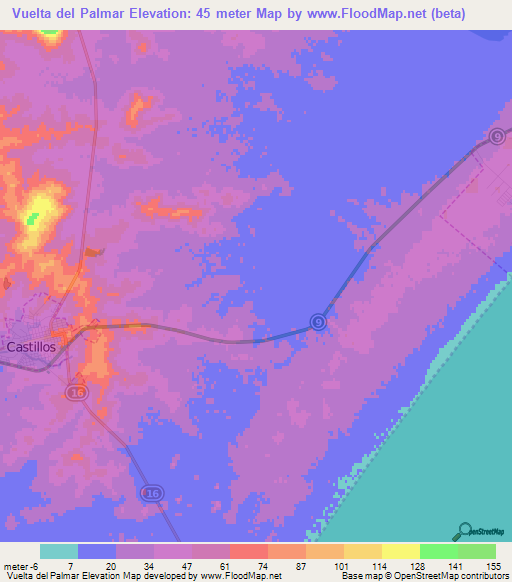 Vuelta del Palmar,Uruguay Elevation Map