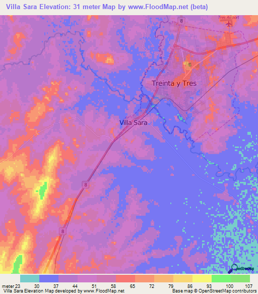 Villa Sara,Uruguay Elevation Map