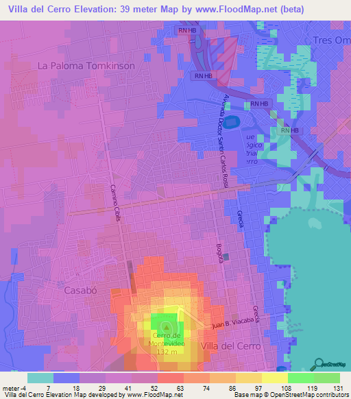Villa del Cerro,Uruguay Elevation Map