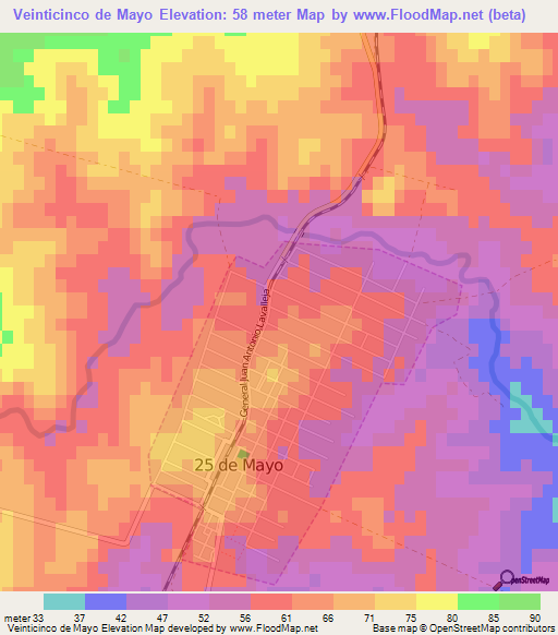 Veinticinco de Mayo,Uruguay Elevation Map