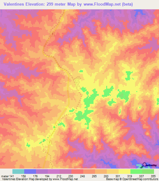 Valentines,Uruguay Elevation Map
