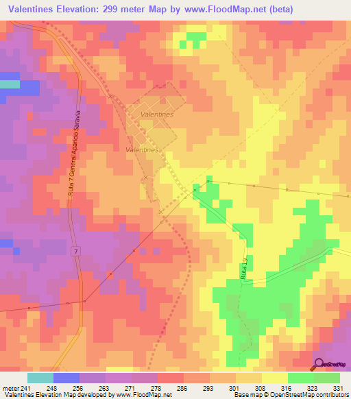 Valentines,Uruguay Elevation Map