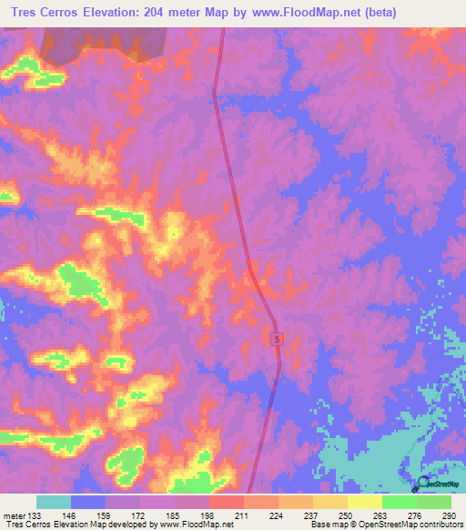 Tres Cerros,Uruguay Elevation Map