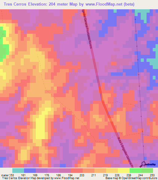Tres Cerros,Uruguay Elevation Map