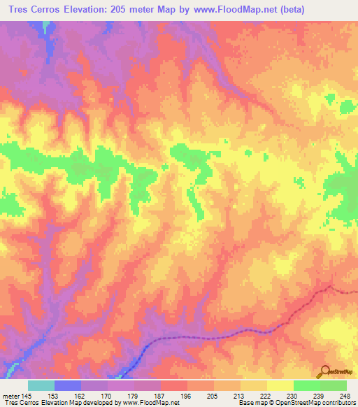 Tres Cerros,Uruguay Elevation Map