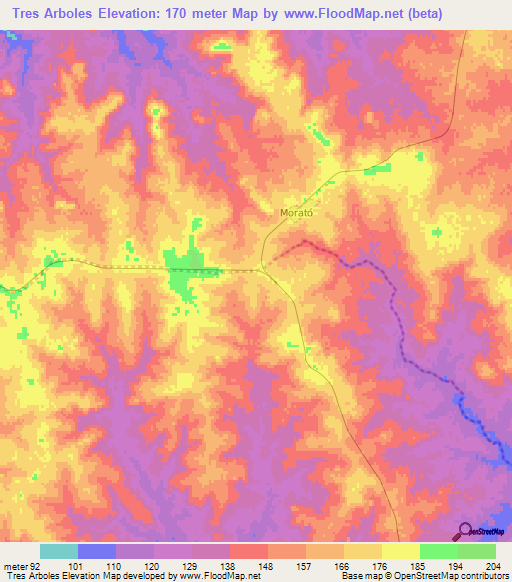 Tres Arboles,Uruguay Elevation Map