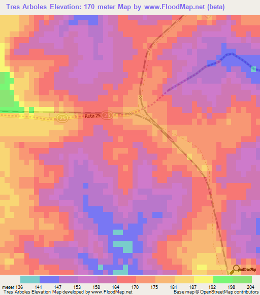 Tres Arboles,Uruguay Elevation Map