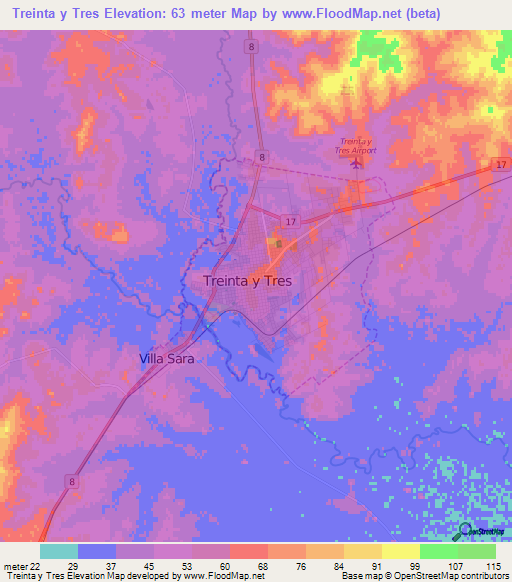 Treinta y Tres,Uruguay Elevation Map