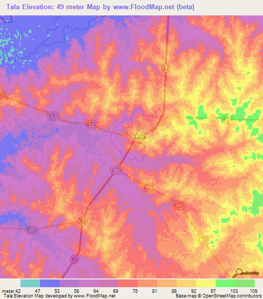 Tala,Uruguay Elevation Map