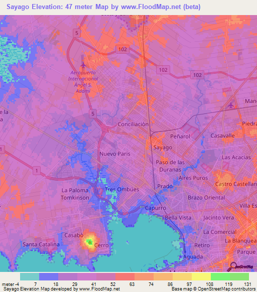 Sayago,Uruguay Elevation Map
