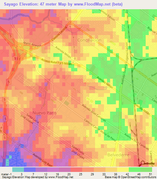 Sayago,Uruguay Elevation Map