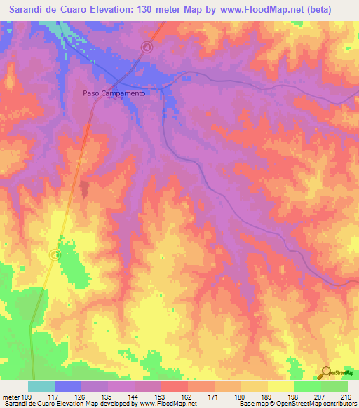 Sarandi de Cuaro,Uruguay Elevation Map