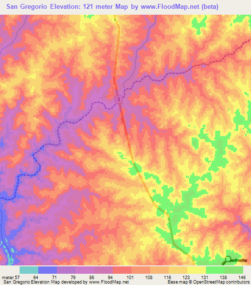 San Gregorio,Uruguay Elevation Map