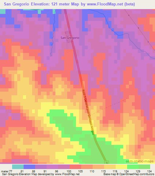 San Gregorio,Uruguay Elevation Map