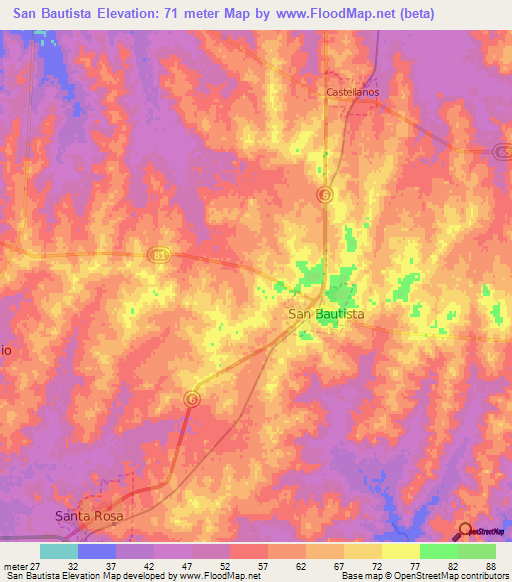 San Bautista,Uruguay Elevation Map