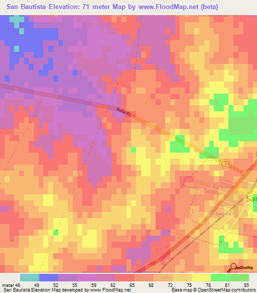 San Bautista,Uruguay Elevation Map