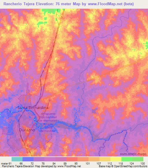 Rancherio Tejera,Uruguay Elevation Map