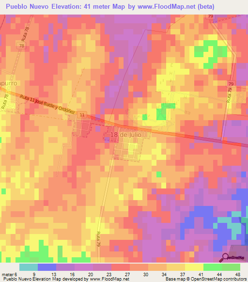 Pueblo Nuevo,Uruguay Elevation Map