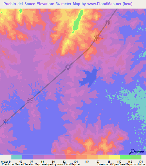 Pueblo del Sauce,Uruguay Elevation Map