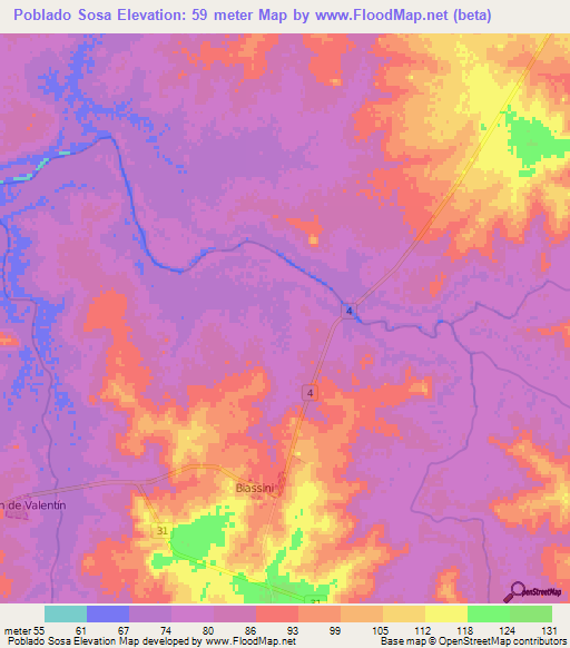 Poblado Sosa,Uruguay Elevation Map