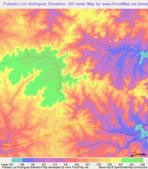 Poblado Los Rodriguez,Uruguay Elevation Map